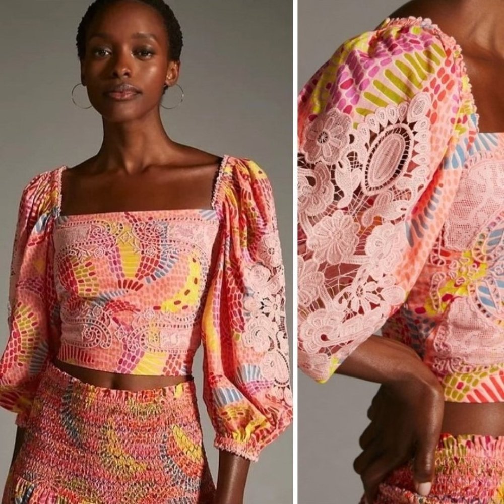 💗 NEW FARM Rio x Anthropologie Pink Dotted Bananas Blouse size L